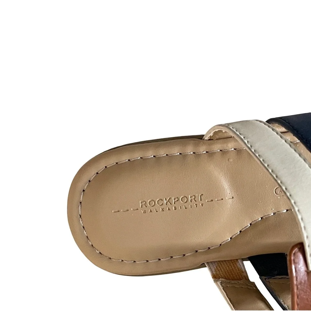 Rockport Walkability Leather Thong Sandals Navy Brown Cream Flat Slides Size 6.5